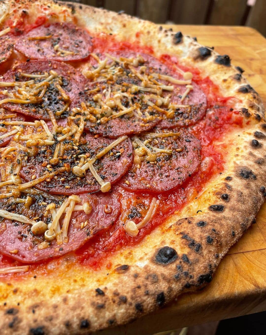 Salami with Enoki Mushrooms Pizza
