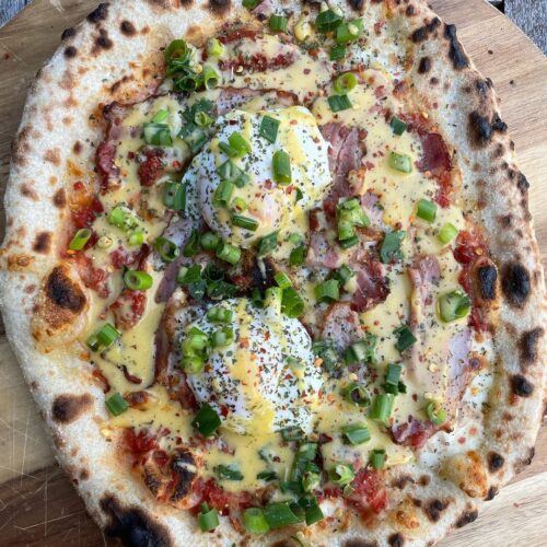 Brunch / Breakfast Pizza with Poached Eggs & Hollandaise Sauce