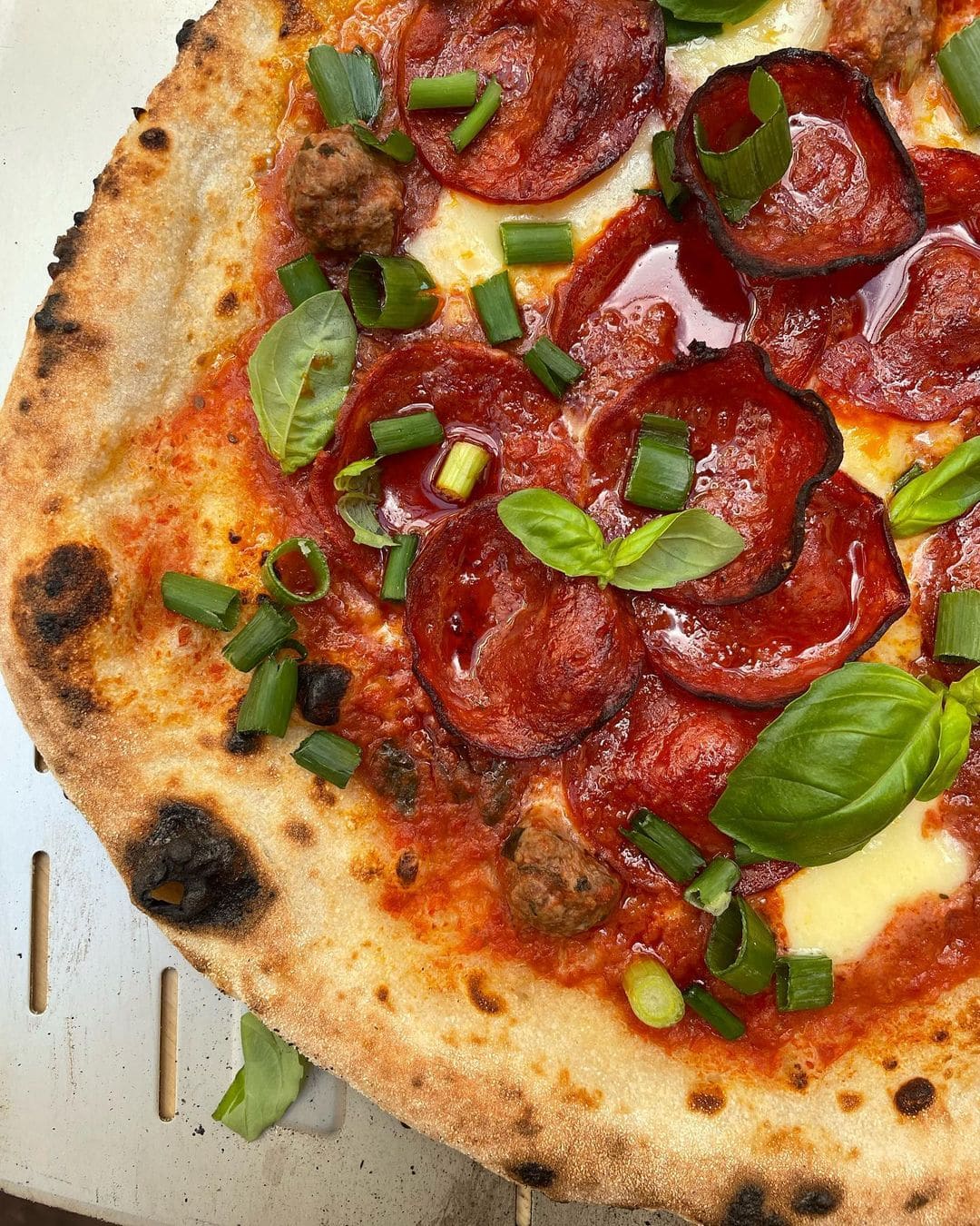 Mini Meatballs, Salami, Basil & Spring Onion Pizza