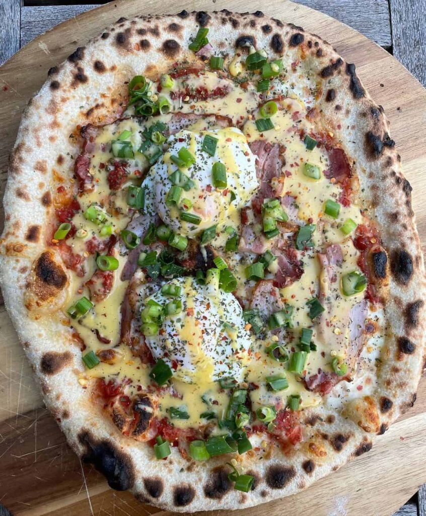 Brunch Pizza with Poached Eggs & Hollandaise Sauce