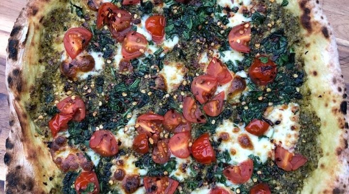 Pesto Pizza with Cherry Tomatoes and Spinach