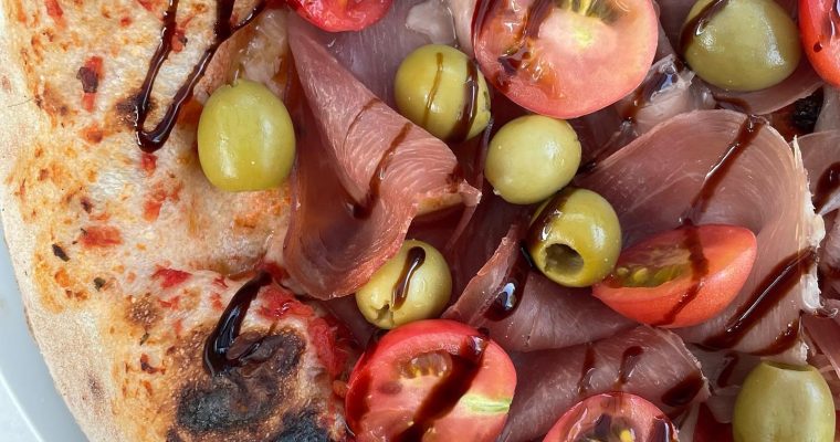 Prosciutto, Olive, and Cherry Tomato Pizza