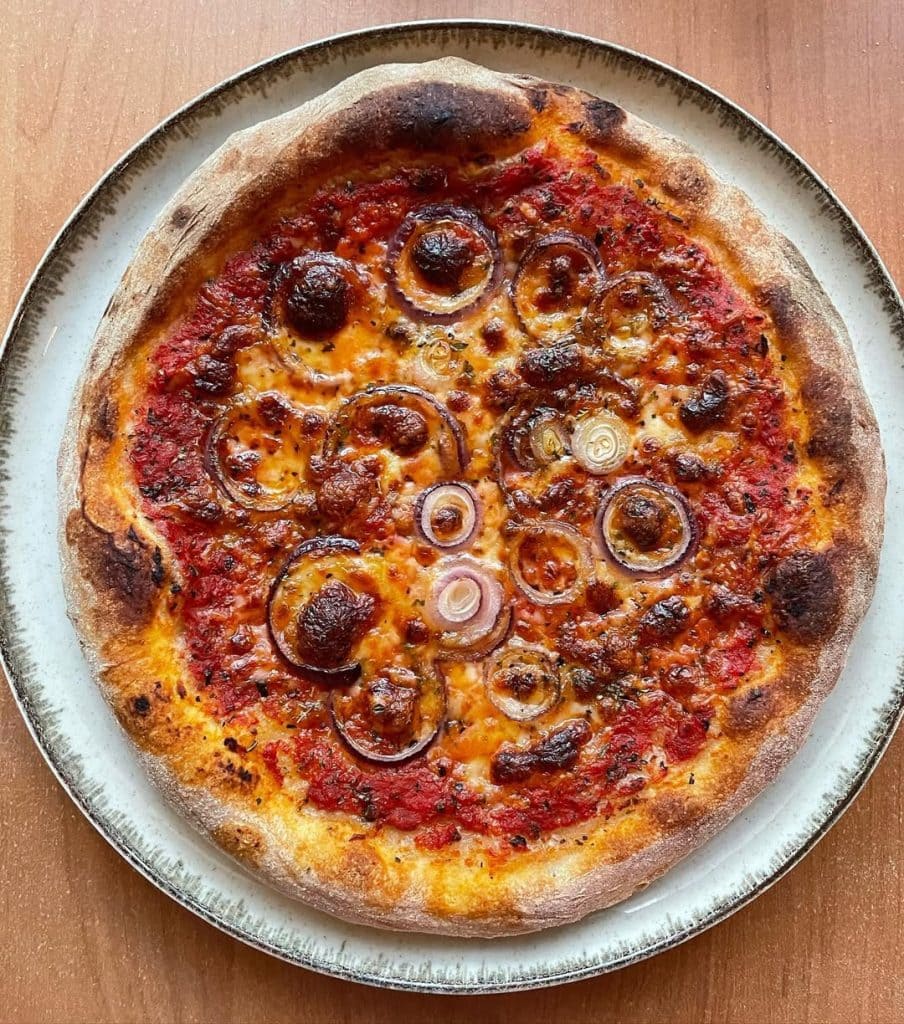 New York style margherita pizza with red onion baked in a home oven using baking steel. 